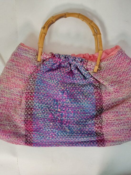 Handmade Handbags - Vintage Hand Woven Fabric Textile Handbag Purse Pink Blue Bamboo Handles
